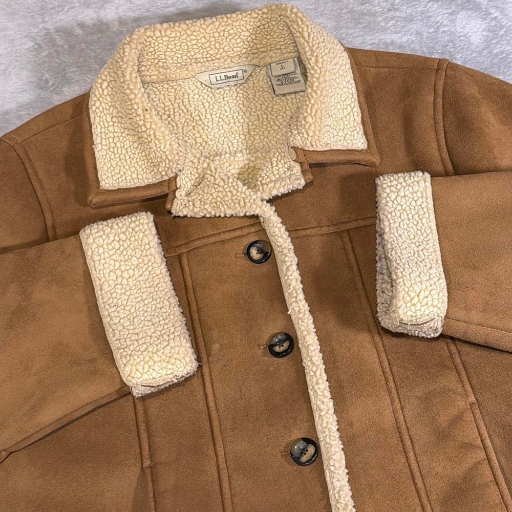L.L.Bean Faux Suede Sherpa Jacket | Camel Brown | Large Petite